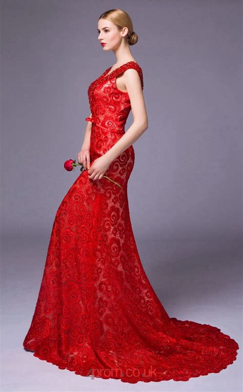 Red Lace Mermaid V Neck Short Sleeve Floor Length Prom Dress Jt3672