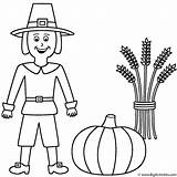 Thanksgiving Coloring Pilgrim Pumpkin Sheaf Wheat Bigactivities Happy sketch template