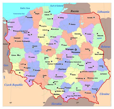 political  administrative map  poland  roads  major cities