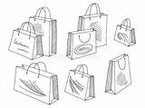 Gesetztes Schwarzes Lokalisierte Einkaufstasche Grafisches Gezeichnet sketch template