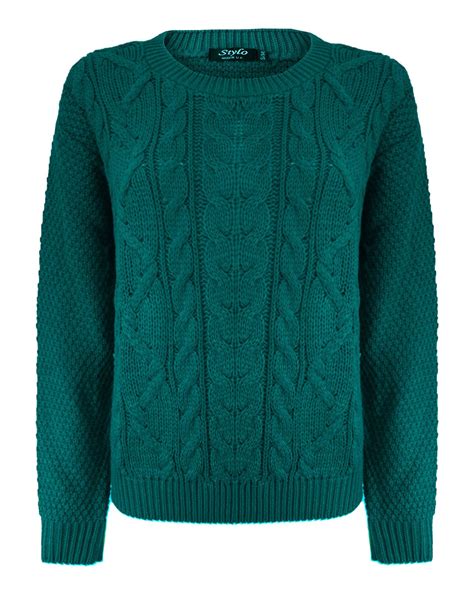 ladies women cable knit crew neck long sleeve knitted jumper sweater