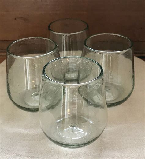 Handblown Recycled Glass Stemless Clear Wine Glasses Set Of 4 Etsy