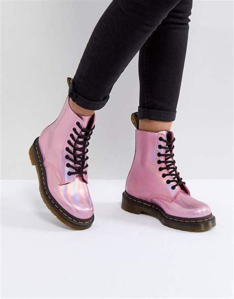 dr martens leather holographic pink lace  boots holographic boots boots pink boots