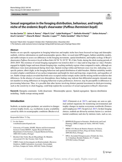 Sexual Segregation In The Foraging Distribution Behaviour And Trophic