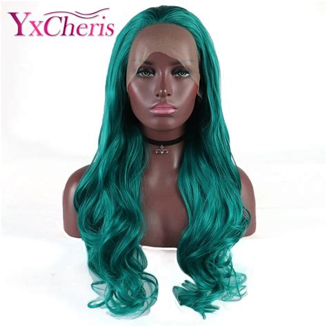buy long blue wigs  women synthetic lace front wig wavy hair heat resistant