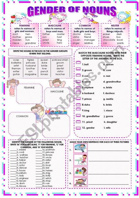 A Worksheet About The Gender Of Nouns Nouns Gender Words English