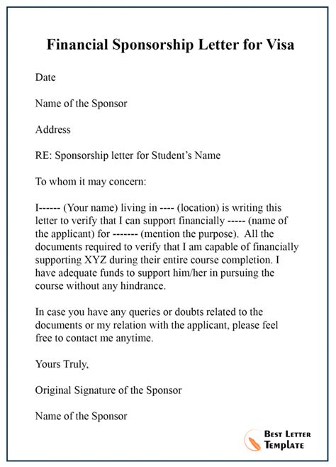 sponsorship letter  visa template format sample