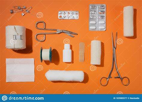 flat lay   aid kit items stock image image  pain capsules