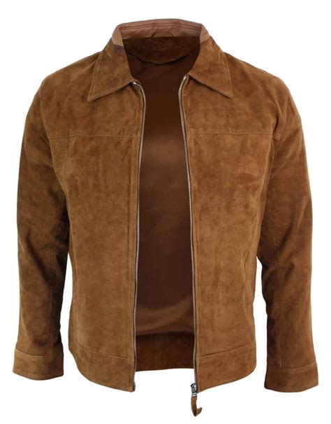 infinity  suede mens real leather classic zip jacket camel turn  collar vintage retro
