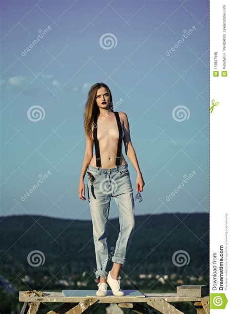 pretty cute naked girl with wrench stock image image of blue wrench