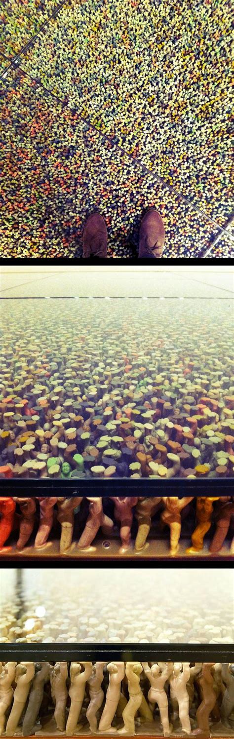 this glass floor is being held up by thousands of plastic toy figures