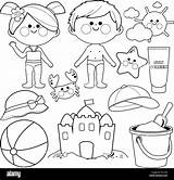 Coloring Beach Summer Children Swimsuits Book Elements Vacation Vector sketch template