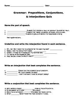 prepositions conjunctions interjections quiz  joe labik tpt