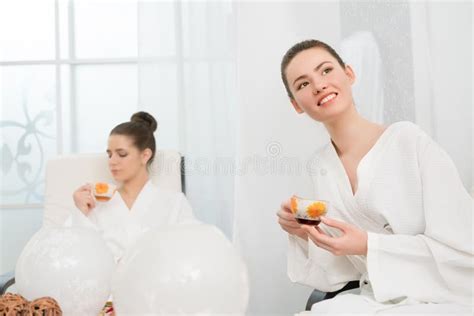 image  pretty young girls relaxing  spa salon stock image image