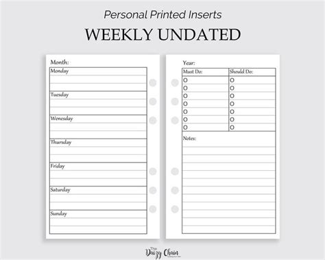 personal size weekly inserts printed planner inserts etsy print