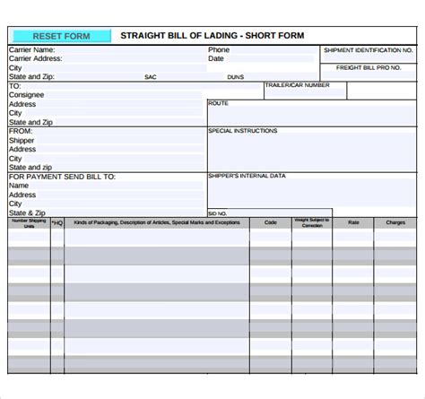 straight bill  lading short form template    document