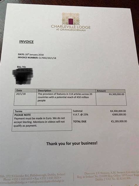 Dublin Hotel Sends Elle Darby An Invoice For €5 289 000 Daily Mail Online