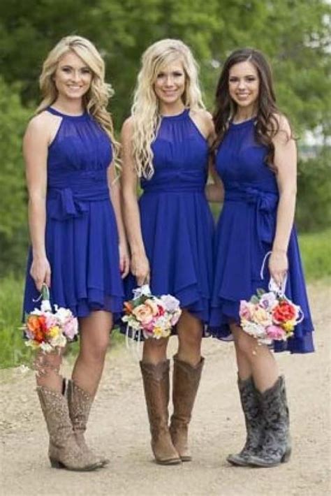 royal blue country short rustic bridesmaid dresses  cowboy bootsfs