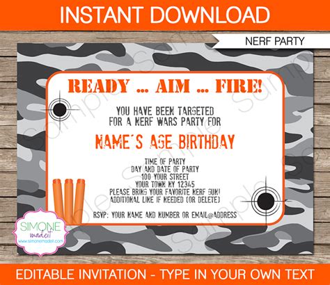 editable  printable nerf gun party invitations template