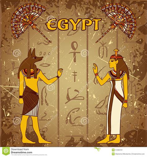 Vintage Poster Set With Egyptian God Pharaoh And Fan On