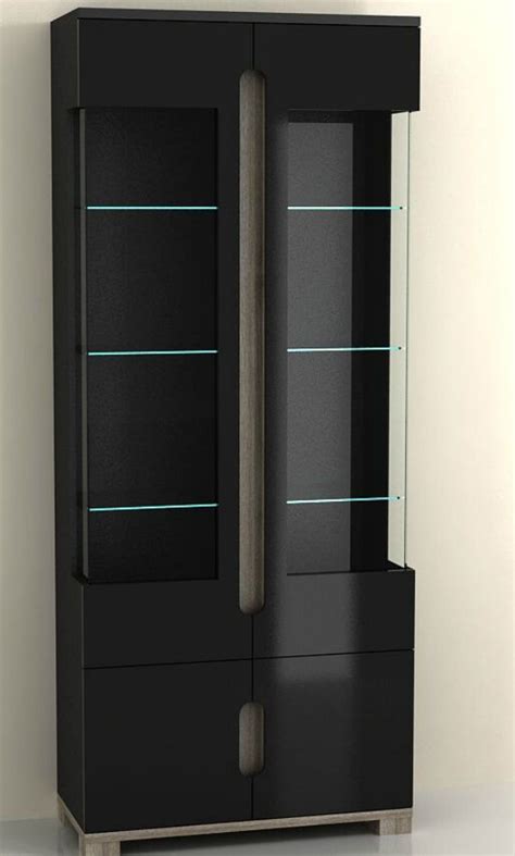 High Gloss Tall Display Cabinet Black Office Furniture 2 Glass Door Led