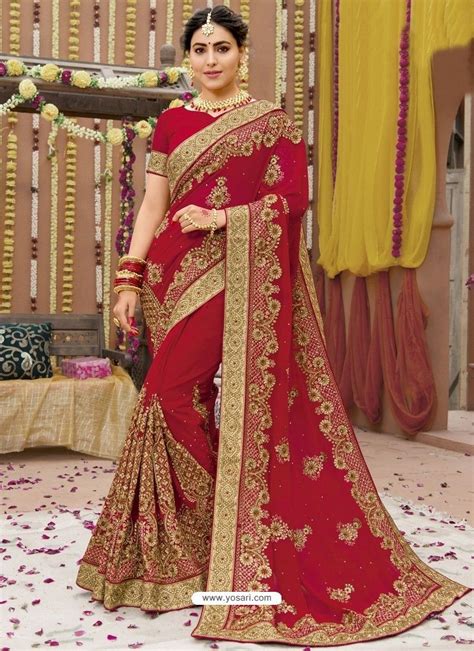 Classy Red Georgette Bridal Sari Bridal Saree Saree Wedding Saree