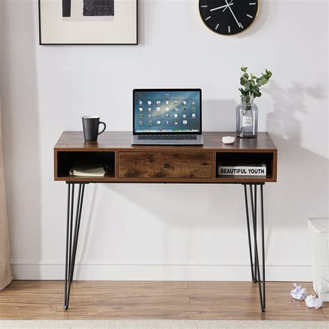 vecelo simple student wrting study desk computer desk  drawers  small space dark brown