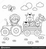 Tractor Farmer Boy Farm Driving Coloring Animals Cow Book Pig Stock Carrying Sheep Horse Vector Illustration sketch template