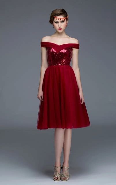 Customized Size Burgundy Semi Formal Dress Off Shoulder Sequin Tulle