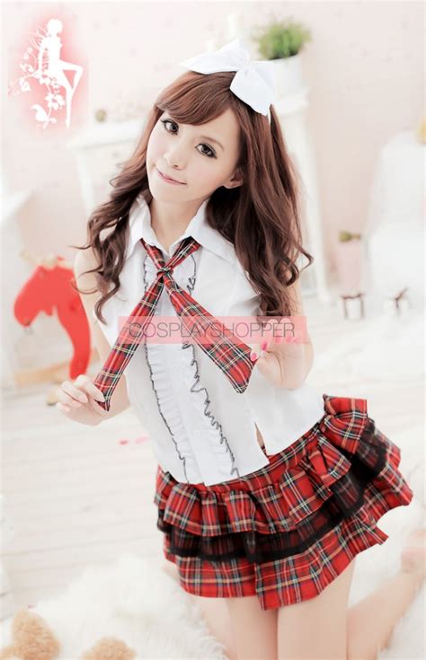 cute red plaid pattern short sleeves school girl uniform for sale