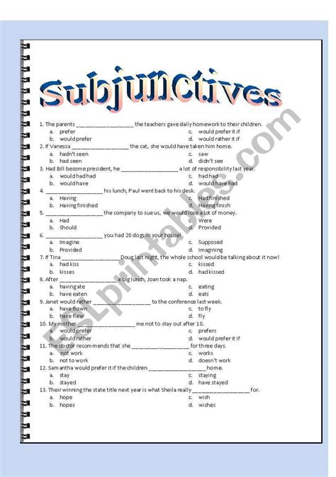 subjunctive multiple choice key included esl worksheet  jjeebers