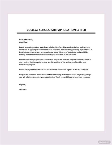 college scholarship application letter template  word google docs