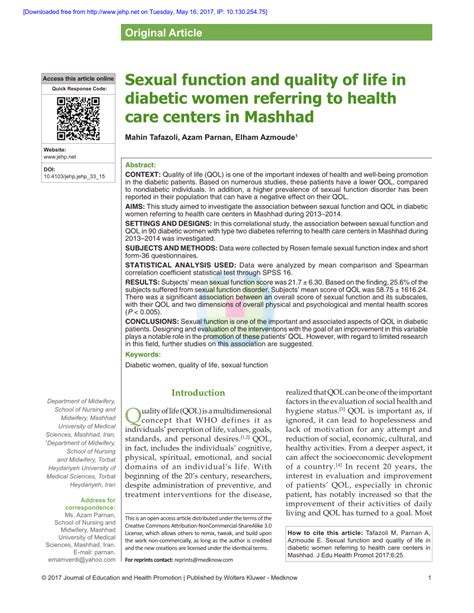 Pdf Sexual Function And Quality Of Life In Diabetic Women Referring