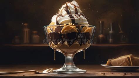 A Dessert Sundae With Whipped Cream And Chocolate Sauce Generative Ai