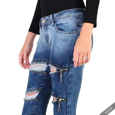 womens ladies sexy zip fashion cut ripped skinny jeans slim fit stretch