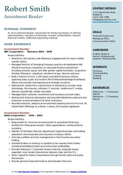 investment banking resume samples  templates visualcv gambaran