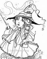 Coloring Witch Pages Magic Cute Halloween Etsy Digistamp Lineart Wimsical sketch template