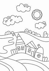 Village Coloring Pages Scene Drawing Printable Scenery Houses Drawings Categories sketch template
