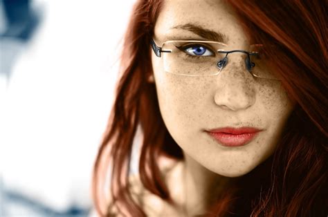 redhead blue eyes glasses women freckles face