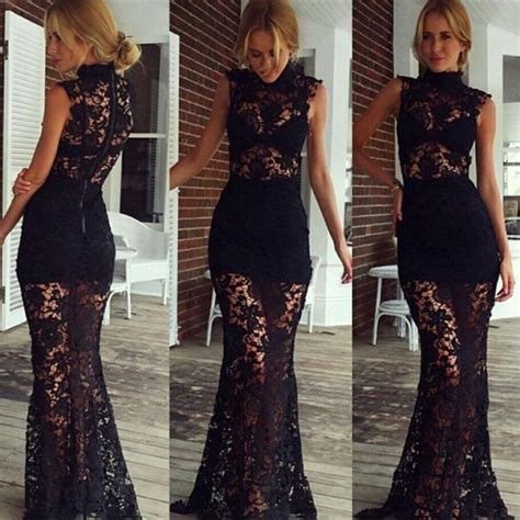 new 2016 sexy black lace prom dress high neck sleeveless zipper back