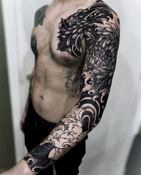 japanese black and grey tattoo sleeve by fibs swipe to