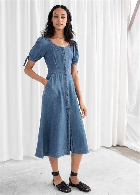 stories linen blend denim midi dress