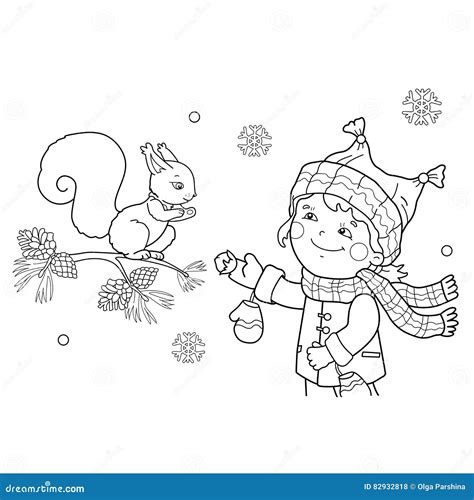 coloring page outline  cartoon girl feeding  squirrel winter stock