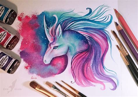 space unicorn watercolors  white inks  canson montval watercolor