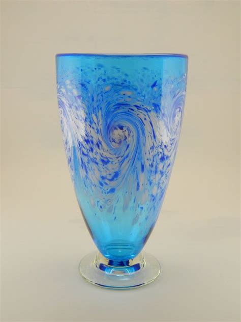Blown Art Glass Vase White Ocean Waves On Aqua Blue Etsy Art Glass