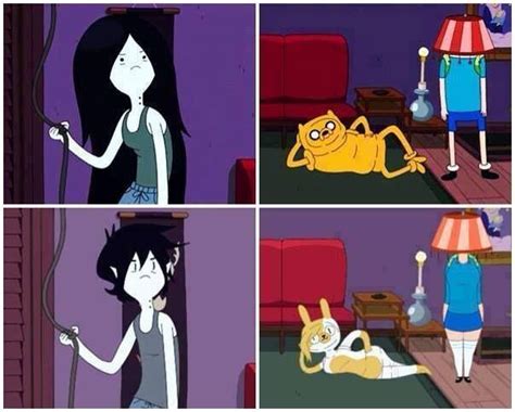 Four Different Pictures Of Cartoon Characters In The Same Room One