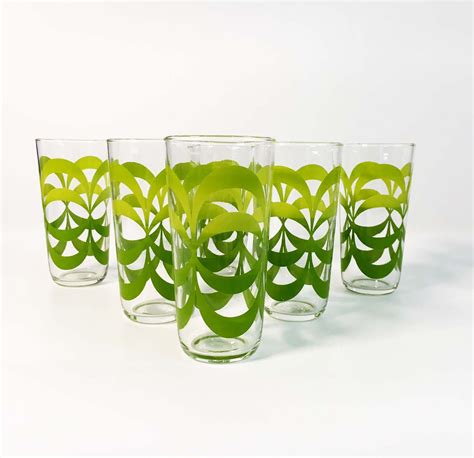 Set Of 6 Vintage Libbey Green Design Tumbler Glasses Green Colored