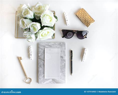lifestyle flat lay  accessories white  gold stock image image