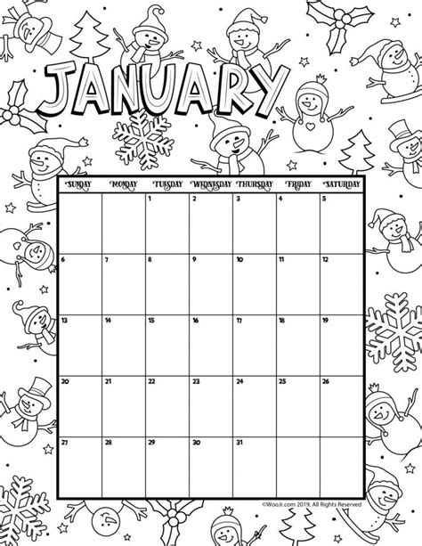 january  coloring calendar calendar  printable  printable
