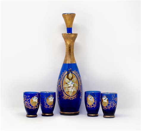 vintage bohemian glass blue decanter set with 4 cordial